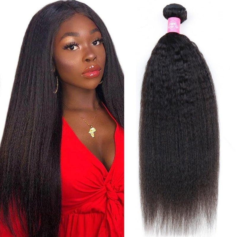 Odir Kinky Straight Human Hair Bundles 16 Inch Unprocessed 9A Brazilian Yaki Straight Virgin Hair Weave 1 Bundle 100g/Bundle Kinky Straight Hair Extensions Natural Color - Image 1